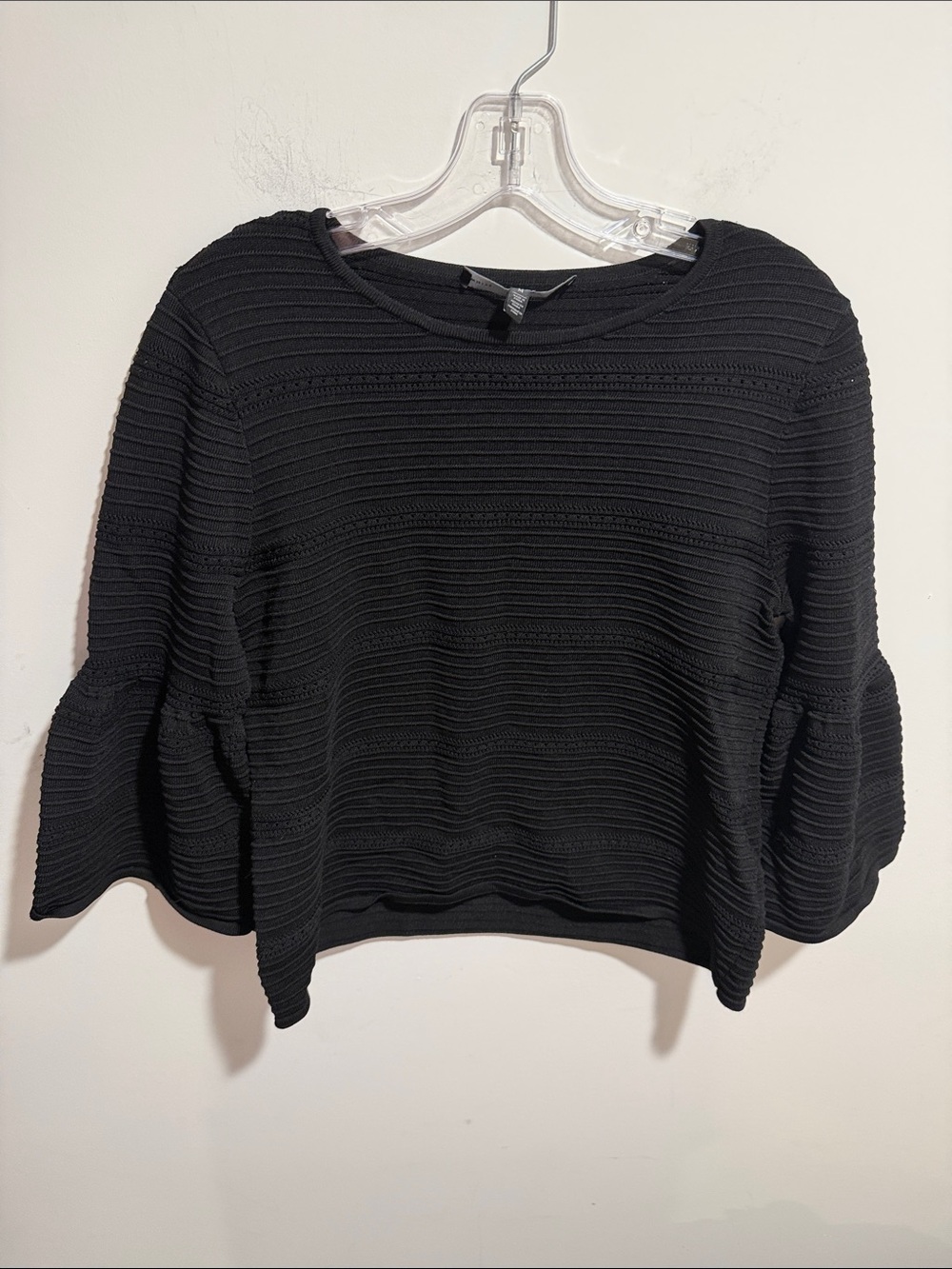 White House Black Market Black Textured Bell-Sleeve Crewneck Sweater Size Medium